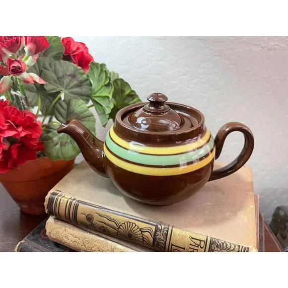 Vintage ALB Pottery Brown Betty Individual TEAPOT Yellow Green Stripes Made in E - Picture 2 of 7